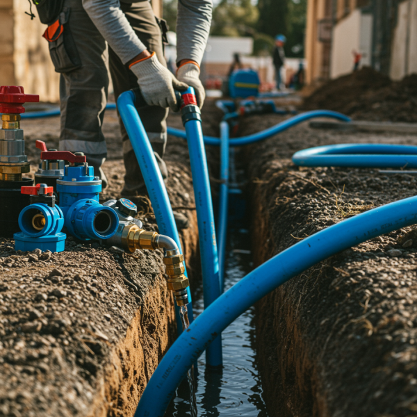 imagen15 "Instalación hidráulica en Málaga con técnico en equipo de protección instalando tuberías de PVC, resaltando la precisión técnica y calidad de materiales en un entorno andaluz."