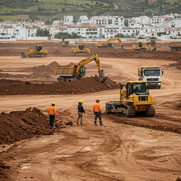 imagen18 "Obra civil en Málaga con maquinaria pesada, como bulldozers y camiones de volquete, en desarrollo de viviendas, mostrando trabajadores con cascos y chalecos reflectantes bajo un día soleado."