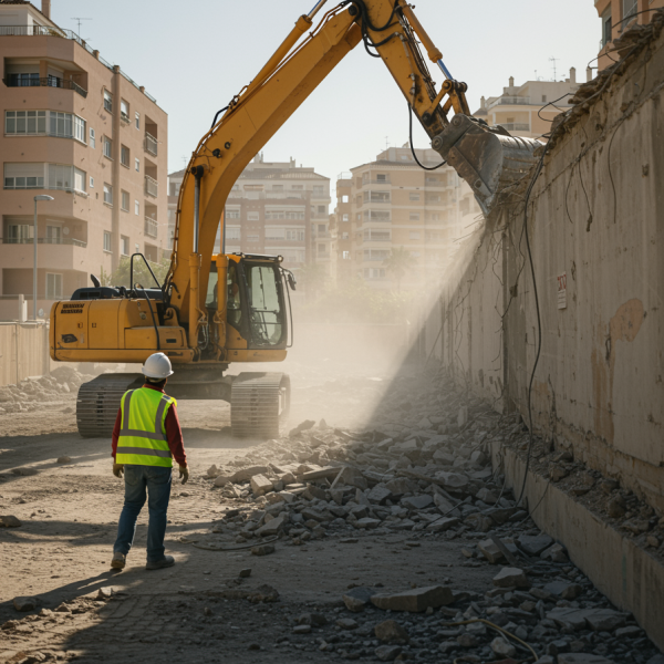 imagen21 "Excavadora amarilla en un sitio de demolición en Málaga bajo el sol mediterráneo, con un trabajador supervisando la operación, destacando la precisión y profesionalismo en la construcción."