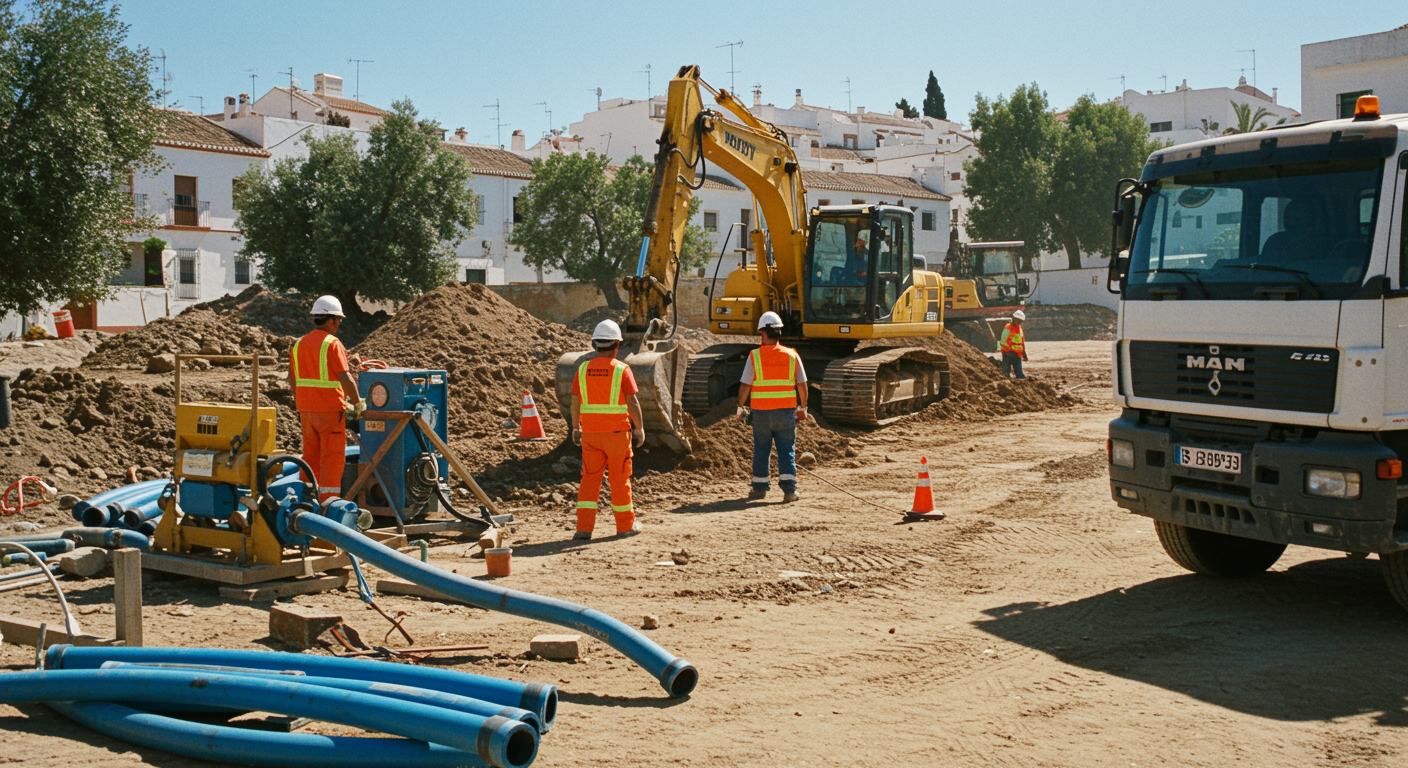 imagen26 3 "Vista panorámica de un sitio de excavación profesional en Málaga, España, con trabajadores en chalecos reflectantes junto a un excavador amarillo, tuberías hidráulicas y un paisaje mediterráneo."